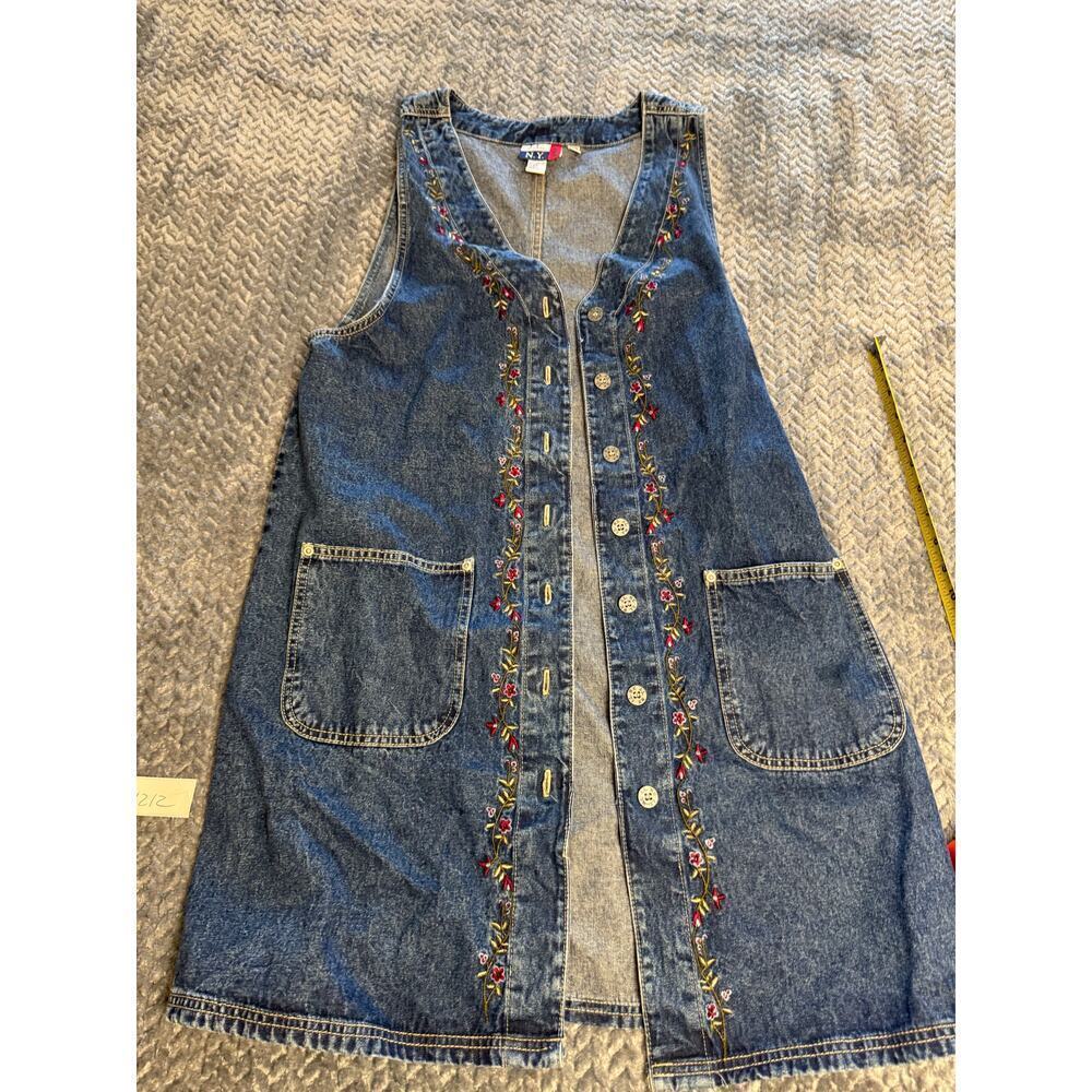 Vintage J.L.N.Y. Denim Sleeveless Jumper Dress Size L Floral Embroidery Pockets